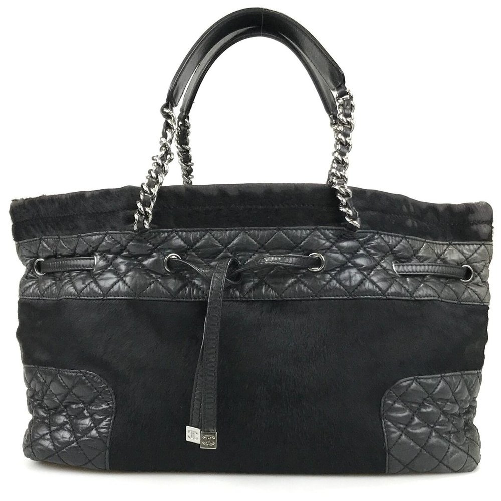CHANEL Bag Handbag Matelasse Leather Fur Black Authentic purse
